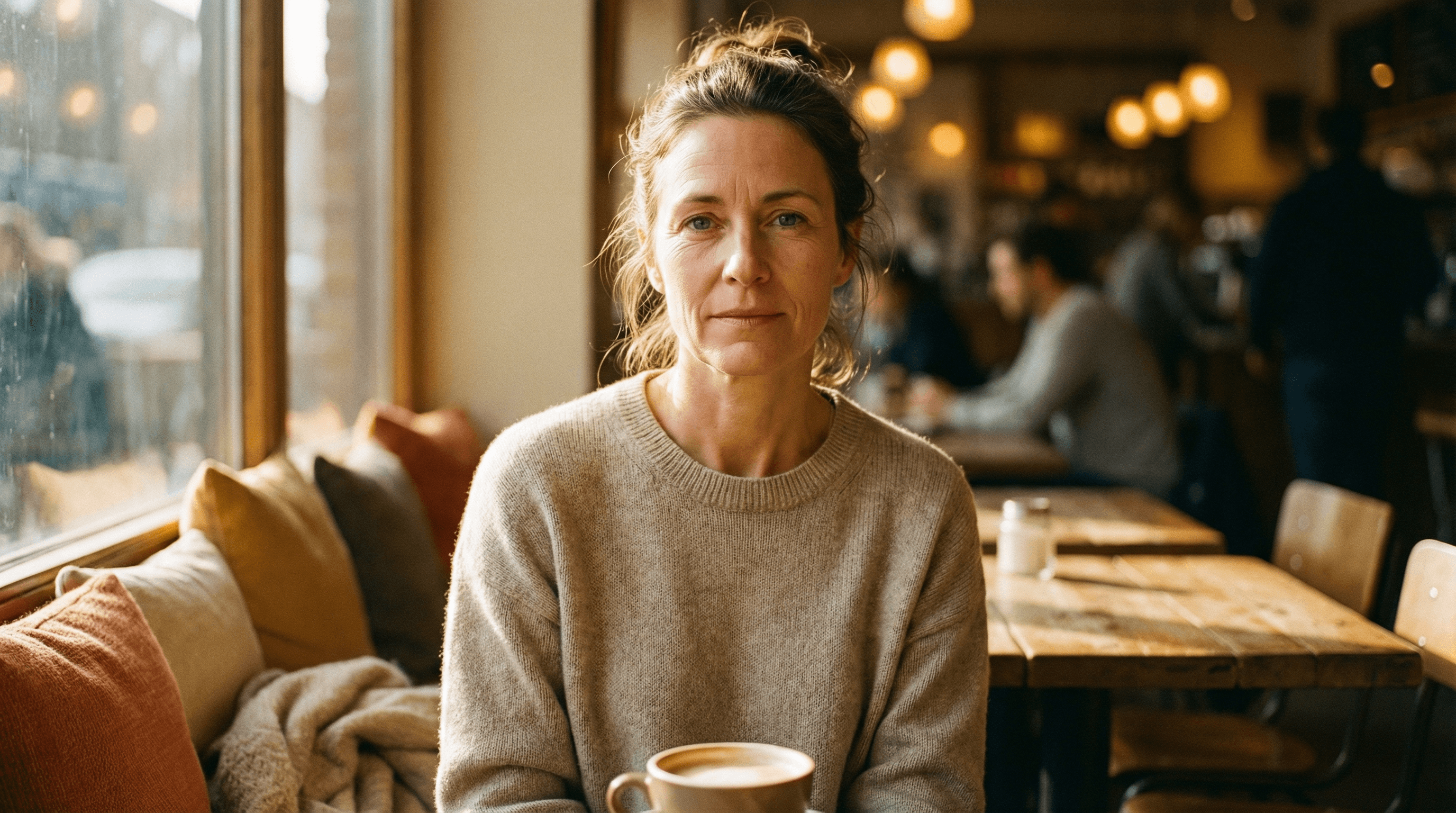 Woman in warm Parisian patisserie with golden light — cinematic, confident