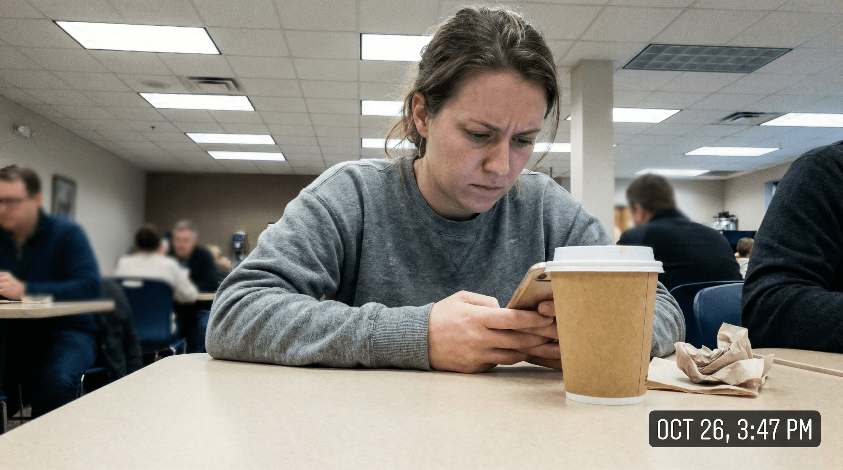 Woman at generic coffee shop looking at phone — fluorescent light, casual